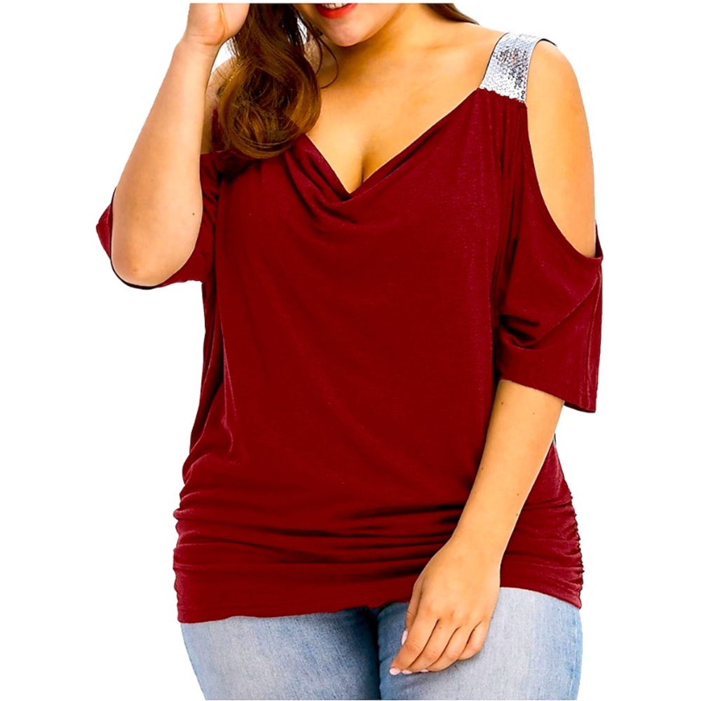 NEW Plus Size Cold Shoulder Wine Red Top With Silver Sequins